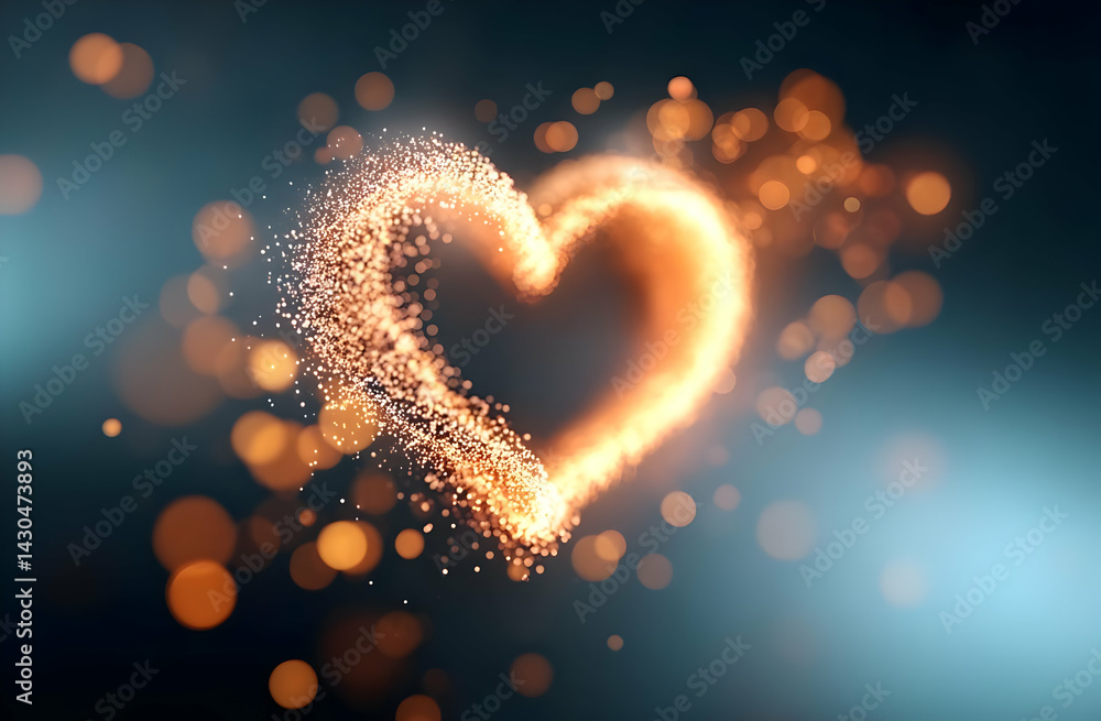 Poster an enchanting heart shape created from sparkling particles, radiating warmth and love against a blur