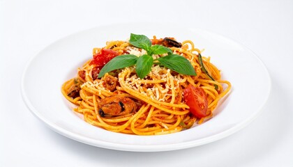 spaghetti with tomato sauce and basil