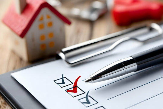 An organized checklist on a clipboard with a pen, alongside a miniature house and tools, symbolizing home inspection and real estate management.