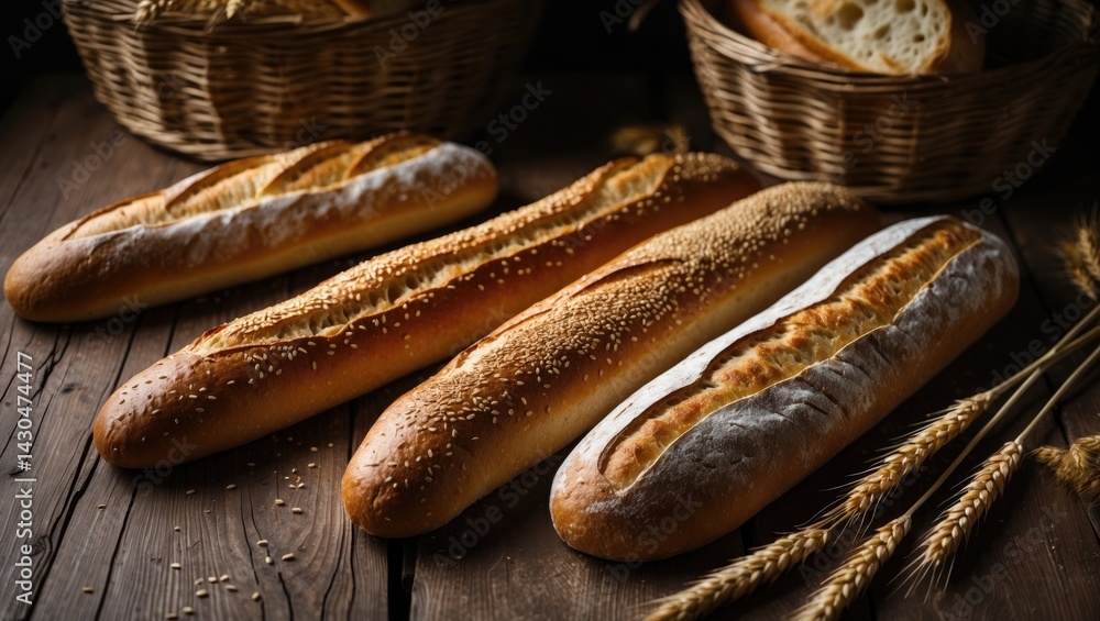 Poster close-up of fresh baguettes on a rustic wooden table
