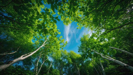 Vibrant green leaves and pristine birch trees under a clear blue sky in the forest