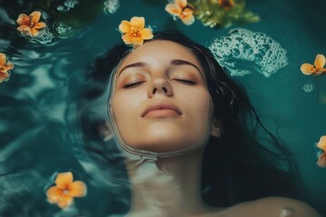 Woman relaxes in a serene pool surrounded by colorful flowers and tranquil water