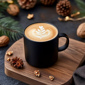 hazelnut latte in modern matte black mug, warm tone environment