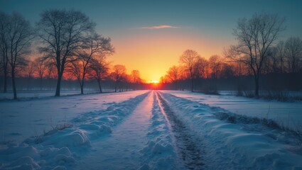 A snow-dusted trail extends into the distance under a vibrant sunset, with a golden horizon contrasting the chilly blue sky, as leafless trees stand silent in the serene winter wilderness.