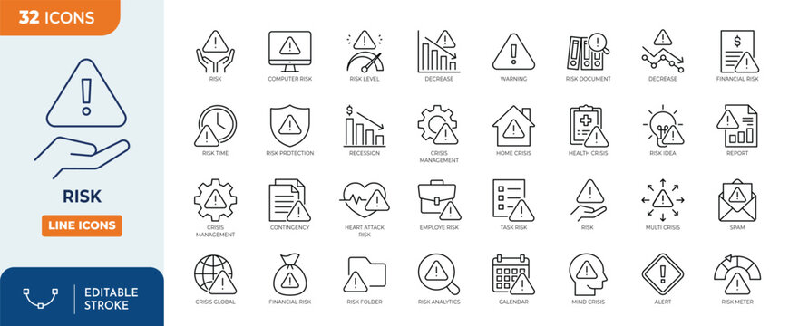 Risk icon set. Containing icons related to risk, warning, alarm, and more. Outline Icon Collection. Vector illustration. Editable stroke	