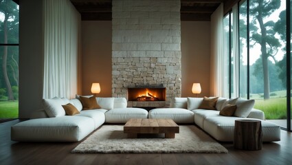 Relaxing home interior showcasing comfortable seating, wooden textures, and a charming fireplace, creating a warm and inviting ambiance.