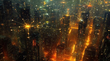 Fototapeta premium Futuristic City Nightscape Aerial view of glowing skyscrapers and illuminated streets at night, suitable for Sci-Fi films