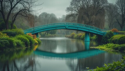 A tranquil landscape featuring a beautifully designed bridge over calm waters amidst lush greenery and vibrant plants on a rainy day