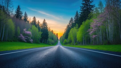 Fototapeta premium Springtime scenery with asphalt road and lush green forest