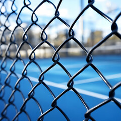 Fototapeta premium Close-up view of a chain-link fence surrounding a tennis court, featuring vibrant blue surface and clear sky, evoking a sense of competition and activity.