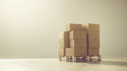 Fototapeta premium Stacked cardboard boxes on a wooden pallet in an empty warehouse during daylight hours