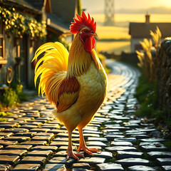 Majestic Rooster on Cobblestone Path at Sunrise in a Countryside Village