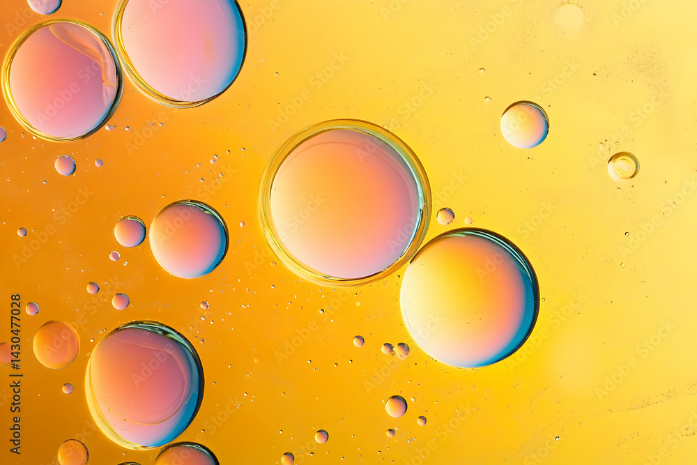 Poster close-up view of colorful bubbles rising in oil against a vibrant yellow background, creating an abs