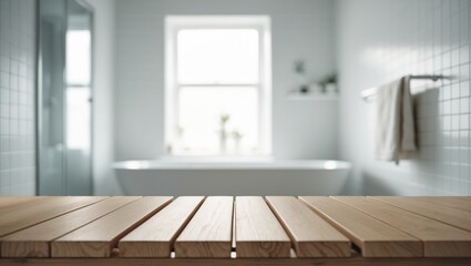 Obraz premium Blurred interior background with wooden planks surface in bathroom setting