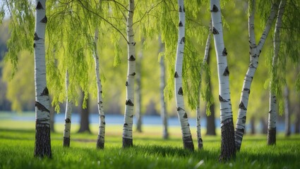 Obraz premium young birch trees with vibrant green leaves during spring