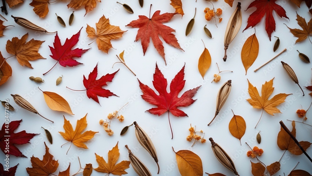 Poster autumnal flat lay of dried leaves with top view on background