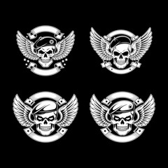 Four Variations of Skull with Beret, Wings, and Banner Emblem
