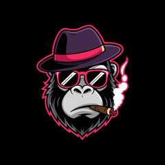 Stylish Gangster Gorilla Mascot with Fedora Hat, Sunglasses, and Smoking Cigar in Retro Cartoon Style for Hip Urban Branding and Streetwear Logo on Black Background