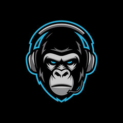 Fierce Cyber Gorilla Mascot with Headset and Microphone for Esports Gaming Logo and Streaming Identity Design on Black Background
