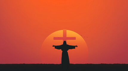 Silhouette of Jesus standing with open arms in front of the cross, the sun rising behind with a gradient of orange to bright yellow