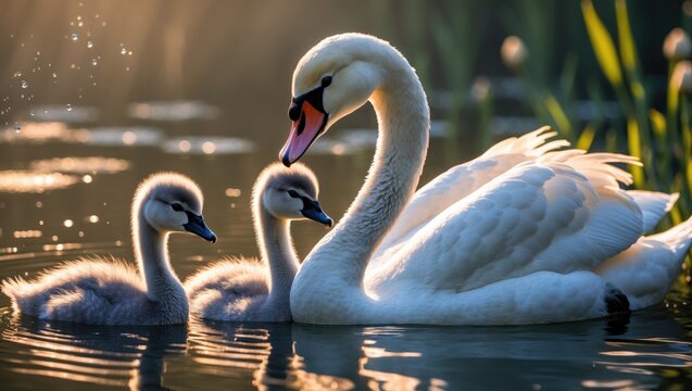 Young swans observe their mother hunting for food in a peaceful setting