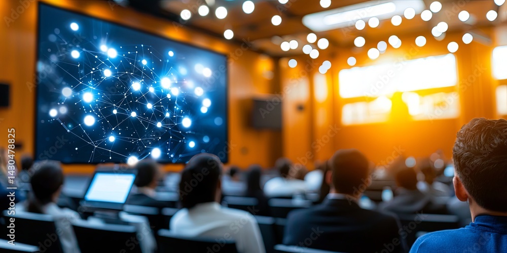 Aufkleber Audience Engaged in Presentation at Large Conference Hall with Stage and Screen Displaying Visuals for Educational Event