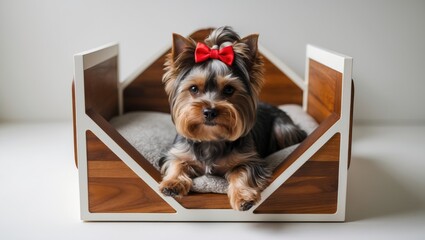 Yorkshire terrier relaxing in its dog house.