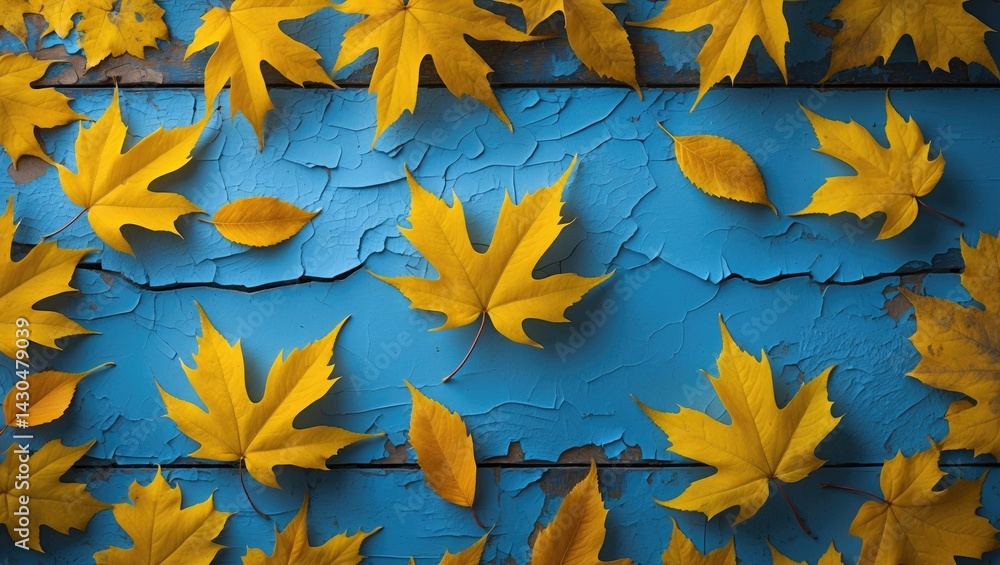 Poster autumn foliage flatlay with abstract leaf pattern on wooden table background