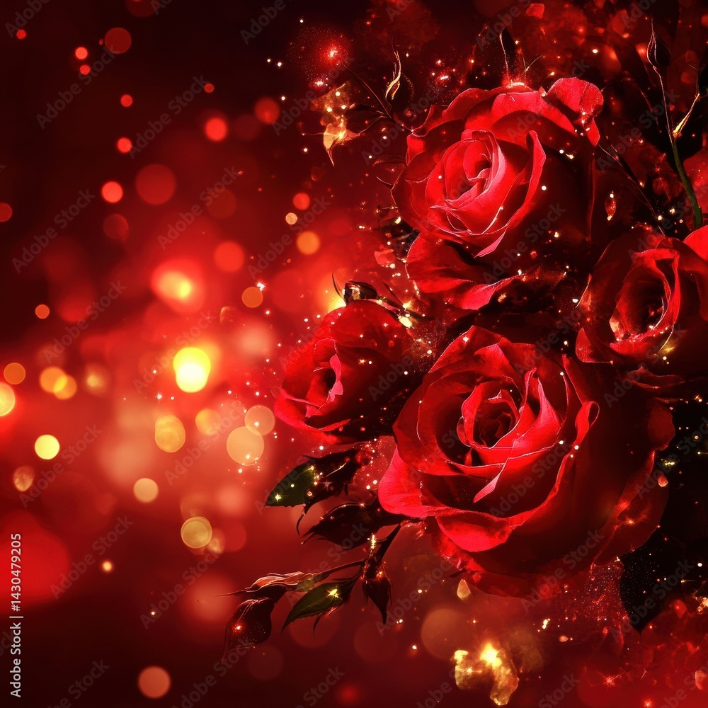 Poster red roses surrounded by enchanting lights create a magical atmosphere in a vibrant background full o