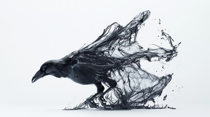 Fototapeta premium Raven transforming into an abstract form with flowing black elements in a minimalist environment