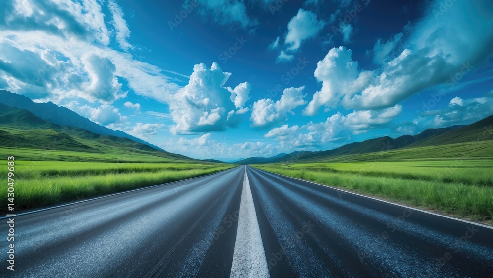 Poster mountain scenery with asphalt road and open sky viewed from the highway.