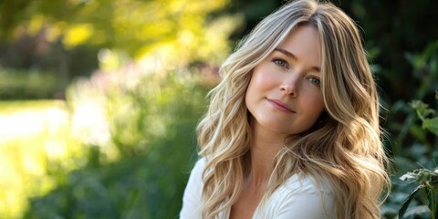 Fototapeta premium A portrait of a woman with soft, warm blonde hair styled in loose waves, with natural lighting