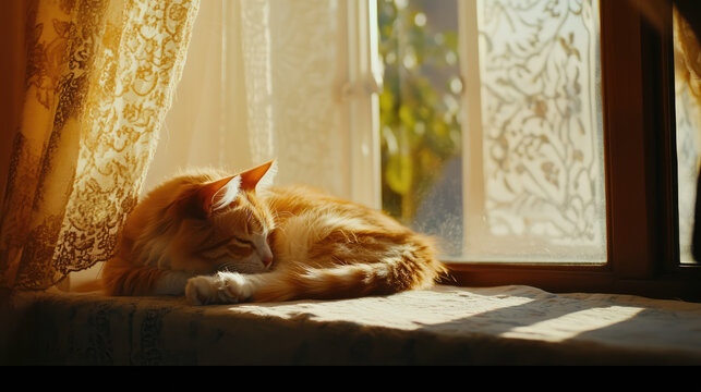 Cute red scottish fold cat with orange eyes lying on grey textile sofa at home. Soft fluffy purebred short hair straight-eared kitty. Background, copy space, close up.