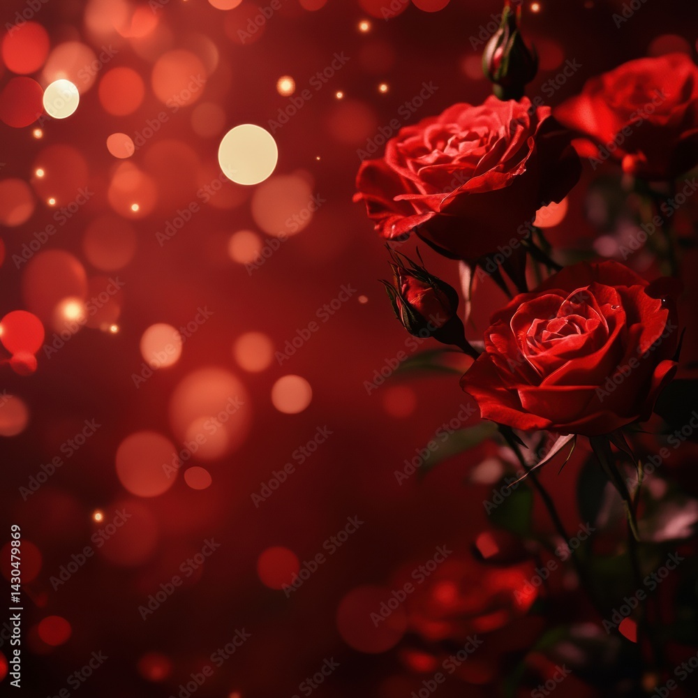 Poster roses bloom amidst a magical display of red lights and soft flashes creating an enchanting atmospher