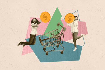 Exclusive creative collage of two happy girl guy stand trolley black friday promo dollar coin...