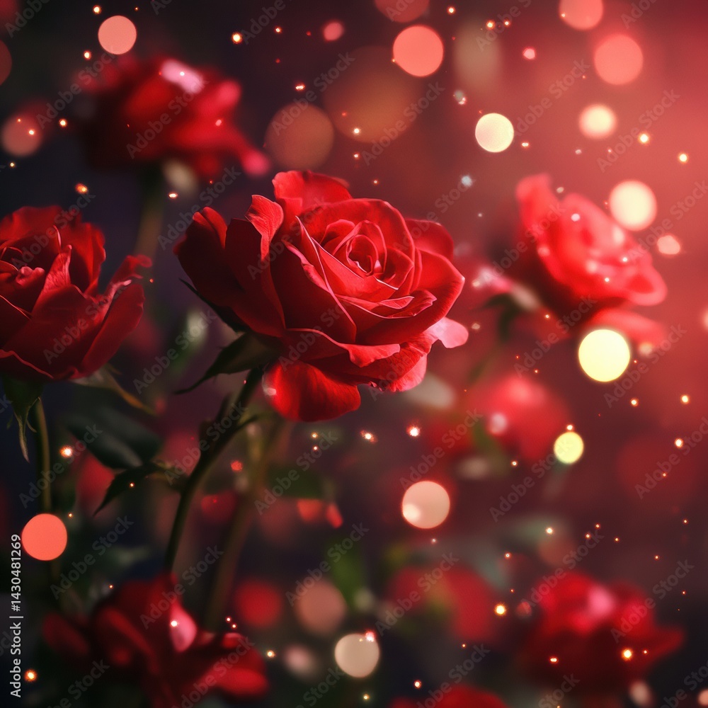 Poster vivid red roses illuminated by sparkling lights create a magical atmosphere on a blurred red backgro