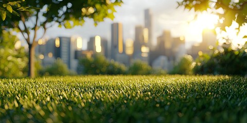 Blurred View of Urban Park with Green Trees and Sunshine on Grass Surrounded by Tall Buildings in Dynamic City Landscape