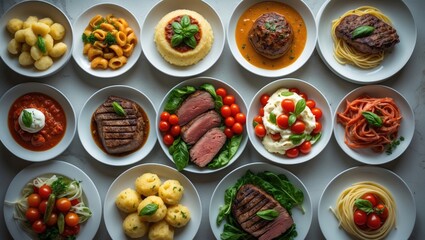 Traditional Italian cuisine platter, top-down view with gnocchi, polenta, carbonara, arancini, ossobuco, bistecca, steak, ribollita, parmigiana, caprese salad, pasta
