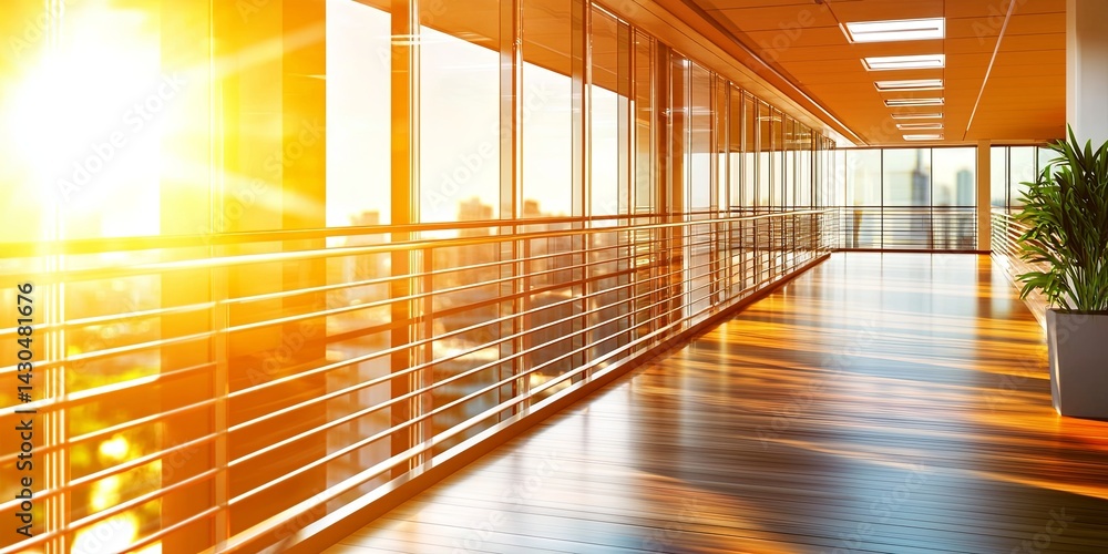 Poster blurred motion of professionals in modern office setting with glass railings and open design space d