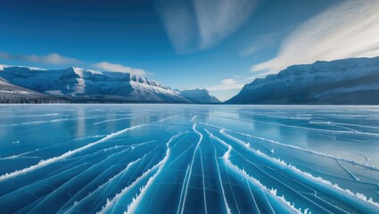 Fototapeta premium Scenic winter landscape featuring ice-covered Baikal with snow and blue sky, showcasing nature's beauty and cold weather