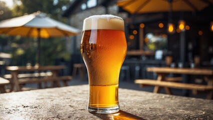 Macro shot of a beer pint on a sunny patio at a microbrewery, with room for copy