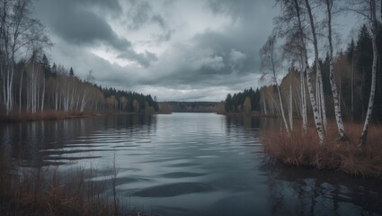 Obraz premium Autumnal forest and lake scene on a cloudy day with pine and birch trees and wavy waters.