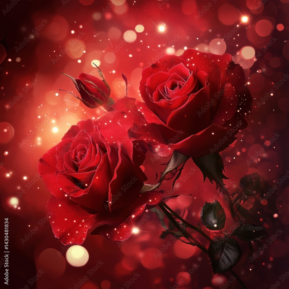 Poster roses illuminated by magical lights against a vibrant red background creating a dreamlike atmosphere