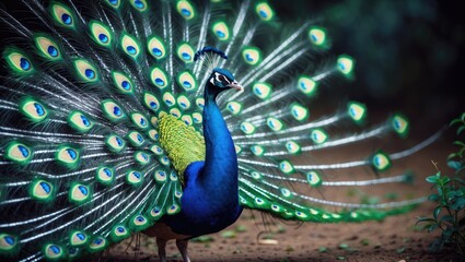 Obraz premium A male peafowl displaying its vibrant, colorful plumage with iridescent blue and green feathers and intricate eye-like patterns