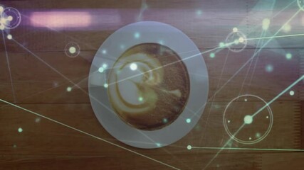 3D render latte cup showing heart art on wooden table with glowing network overlay connecting nodes - Powered by Adobe