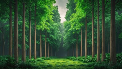Obraz premium Majestic forest featuring towering green trees, abundant bright green leaves, and lush greenery