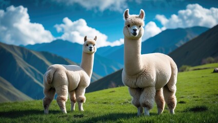 Fototapeta premium Alpacas among Ollantaytambo's mountain range and lush meadows