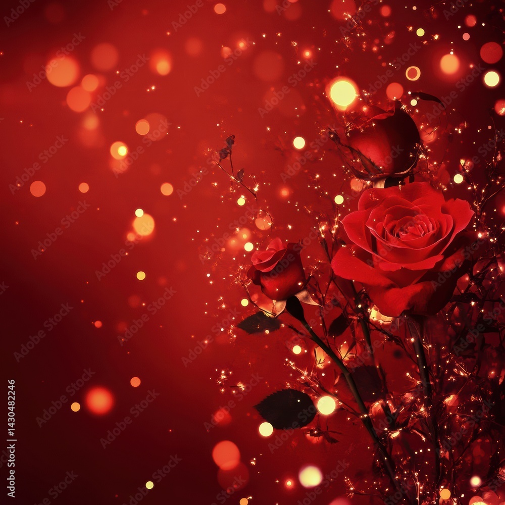 Poster roses illuminated by magical lights against a red background creating a captivating blur in a romant