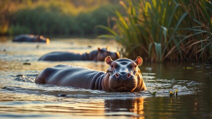 Fototapeta premium Baby hippo frolicking in dam water with mom