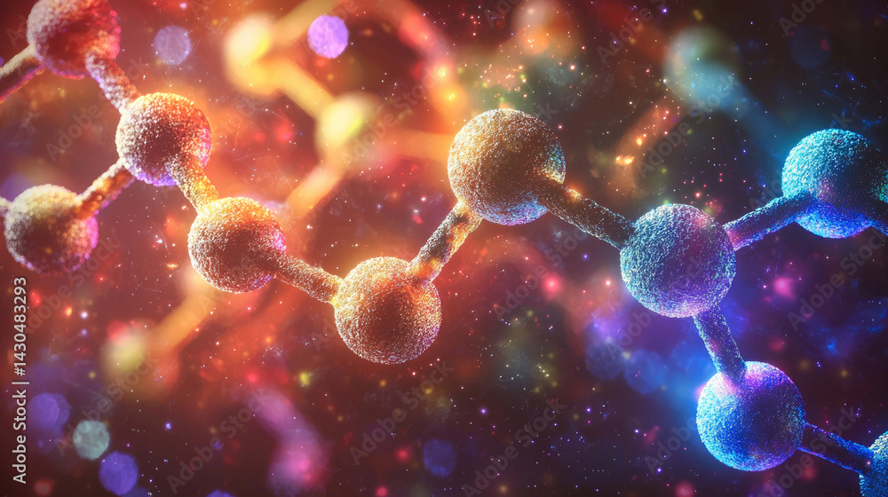 Poster vibrant and colorful representation of molecular structures, showcasing interconnected atoms with co